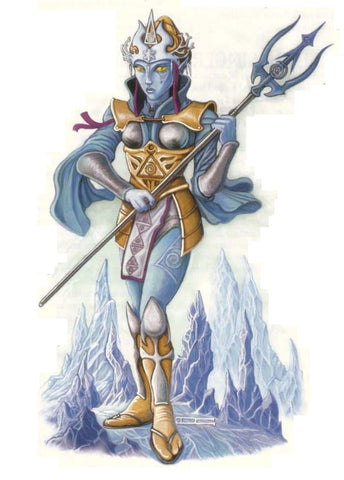 An illustration of a Rimefire Witch. She is a blue skinned woman in light leather armor, holding a trident against an icy background