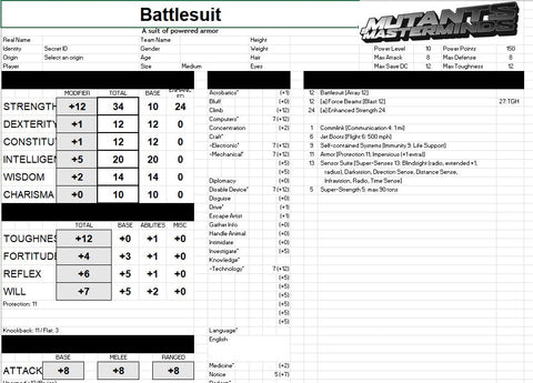 A screenshot of a Mutants and Masterminds Character Sheet as built in RPGLibrary's Character Builder
