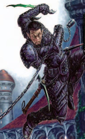 An illustration of a half elf, wearing balck studded leather armor and wielding a dagger and a chain, mid leap as they are attacking someone unseen, against the backdrop of a city