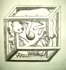A pencil drawing representing Schrodinger's Cat. It shows two cats, one alive and furry and one skeletal, on opposite sides of a ball. Surrounding the two cats is an optical illusion cube. 