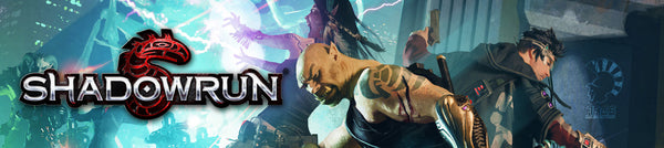 An illustration of Shadowrun 6e, with several people, an orc, a human, and an elf, dramatically running from something. Next to them is the Shadowrun 5e logo, and the title of the game