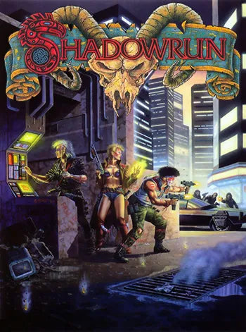 A cover illustration for Shadowrun, showing a group of punk-like characters holding guns standing on a futuristic street corner.