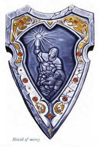 An illustration of a metal shield inlaid with gold and jewels, and etched with the illustration of a warrior in armor casting a healing spell on a fallen comrade