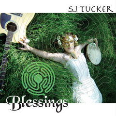 The cover for SJ Tucker's album, Blessings. It features the title and artist in white space surrounding a photo of a woman in a white fantasy dress touching a guitar and drum, laying in the grass next to the image of a maze. Presumably, this is SJ Tucker. 