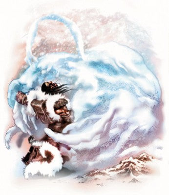 An illustration of a snowflake ooze. It looks like a pile of snow leaping forward and grappling with a human man in leather armor