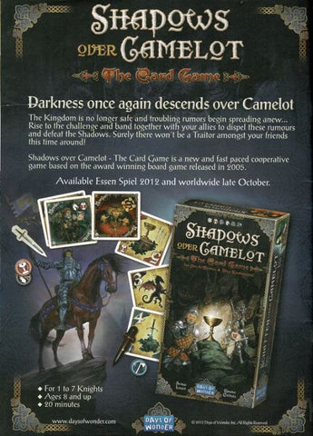 A magazine ad for Shadows Over Camelot The Card Game. The ad shows the game box against a black background, with delicate filigree borders and the title of the game in stylized font above it. 