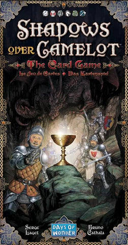 The box art of Shadows Over Camelot: The Card Game. It shows several young looking knights in armor reaching toward a chalice or grail that seems to be illuminated in some way