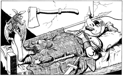 An illustration from the article 12 Secrets of Survival. It shows a man in full armor lying comfortably on a cot, with a bat looking at him from his feet, and a brick-patterned blanket draped over top of him