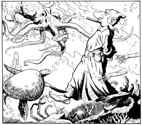 An illustration from the article 12 Secrets to Survival. It shows a gnome in a robe walking underwater by an octopus and a turtle