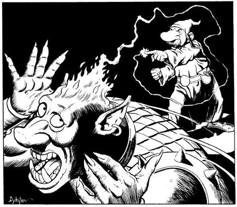 An illustration from 12 Secrets of Survival. It shows a man with a large nose and a floppy hat casting a spell at what appears to be a troll, setting fire to it's head. 