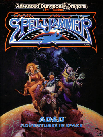 A scan of the cover of a Spelljammer sourcebook, featuring several fantasy characters gathered together in front of a starry background