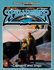 A scan of the cover of a Spelljammer sourcebook. It features two adventurers, apparently human, looking into the distance on a ship. 