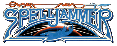The logo for Spelljammer, which has the title of the game, with the silhouette of a spelljammer ship below it