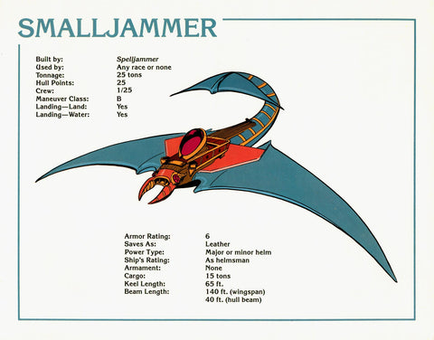 A scan of an image from Spelljammer. It is a spaceship that looks like a manta ray, labeled with various parts, and titled "The Smalljammer"