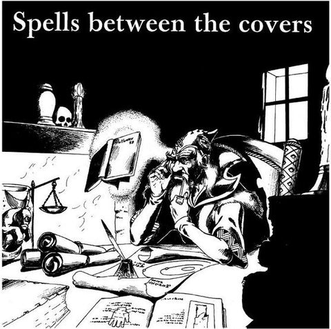 The article illustration for Spells in Between the Covers, showing a black and white illustration of a wizard working at a table, reading a scroll