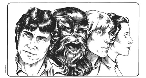 An Illustration from the West End Games' Star Wars RPG Second Edition Rulebook. It features a black and white lineart drawing of Han Solo, Chewbacca, Luke Skywalker, and Princess Leia.