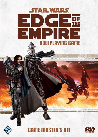 A scan of the cover for Fantasy Flight Games' Star Wars Roleplaying Game "Edge of Empire". It features 2 Mandalorian bounty hunters standing together in front of a  desert background, set on a white cover. The title reads "Edge of Empire".  