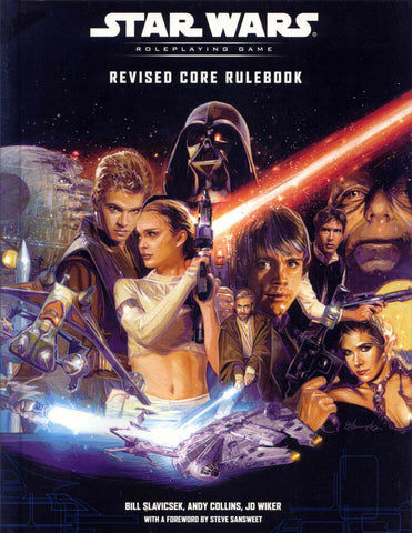 A scan of the Wizards of the Coast's Star Wars Roleplaying Game Revised Rulebook. It features, Anakin, Amidala, Vader, Luke, Leia, Han, Obi Wan, and Jabba the Hut against a black background