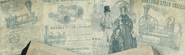 An images of several newspapers layered over each other, with Victorian-looking images and text which refers to steam inventions