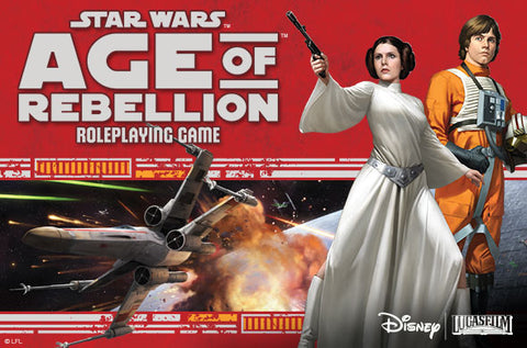 The Cover art from Age of Rebellion. It shows Princess Leia and Luke Skywalker in their white dress and pilot's uniform in from of the name of the game