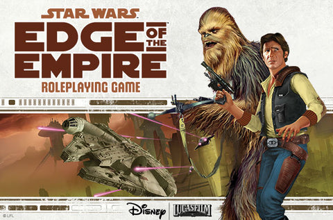 Cover illustration for Edge of the Empire, which shows Han Solo and Chewbacca next to the name of the game