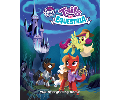 An image of the cover of the "Tales of Equestria" game. it features three cartoon ponies in the My Little Pony artstyle, on in a cloak with a staff, one in armor and a sword, and one flying while holding a scroll. They appear to be leaving a castle and entering a forest. 