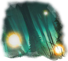A drawing of several lights, will o wisps, against a green forest. They are glowing yellow