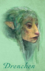 An illustration of a drechen gelfling, with braided green hair and pointed ears, against a green background. The word Drenchen is written underneath the illustration