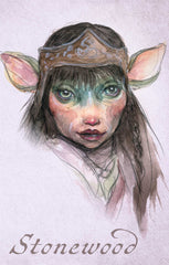 An illustration of a Stonewood Gelfling face, with large ears and black hair, against a pinkish grey background. The word Stonewood is written underneath