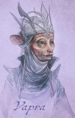 An illustration of the bust of a Vapra gelfling. They wear an elaborate headpeice, and have large ears. They are set against a purple background, and have the word Vapra written underneath them