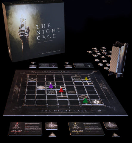 A photo of the contents of the standard edition of The Night Cage. It includes a board, a wooden candle container for tiles, player cards, candle player pieces, and various tokens, as well as the game box