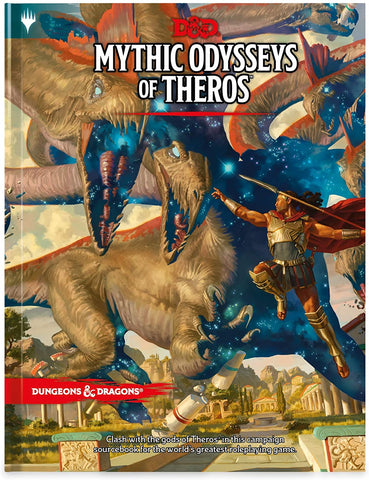 The most common cover for 'Mythic Odyssey of Theros', featuring a dark haired man in ancient grecian armor leaping to strike a hydra