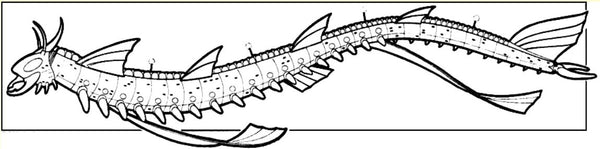 A black and white illustration of a Tsunami spelljammer ship. it looks like a long mechanical centipede