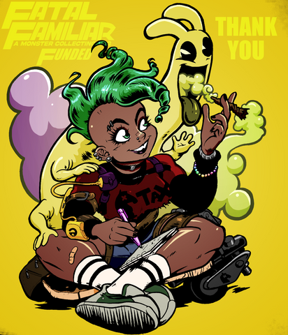 Are for Fatal Familiar. This shows a dark skinned human with bright green and pink hair and dark clothes sitting cross-legged, with a cartoonish rabbit sitting on their shoulder, in front of a yellow background