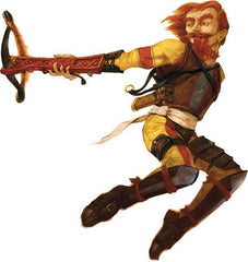 An image of the example art for the Uncanny Trickster. It appears to be a light skinned man with orange hair and beard mid-leap, wearing light armor and holding a crossbow