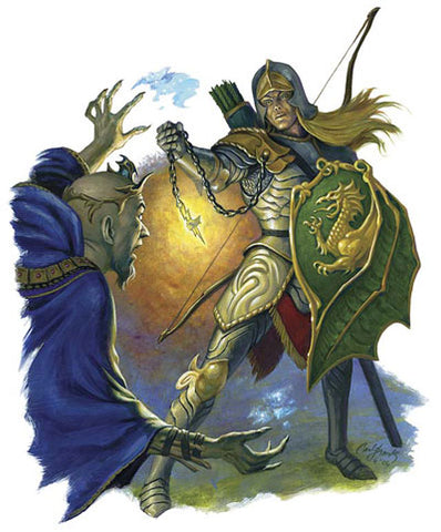 An illustration of a paladin from 3e DnD. They ar a blonde man with long hair holding a green shield with a dragon on it and brandishing a glowing holy symbol towards an man in dark robes and a crown, who cowers from the light