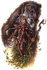 An illustration of a druid from the 3.5e Players Handbook 2 -it appears to be an elven woman with white hair, wearing leather armor. Behind her is a bear which blends into her, as though one is transforming into the other