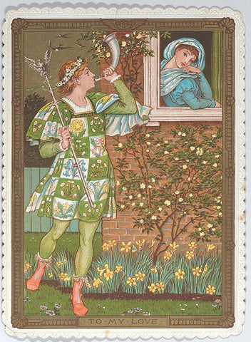An image from an old Valentine's Day card. It shows a young man in brightly colored medieval clothing playing a song outside the window of a woman in a blue dress