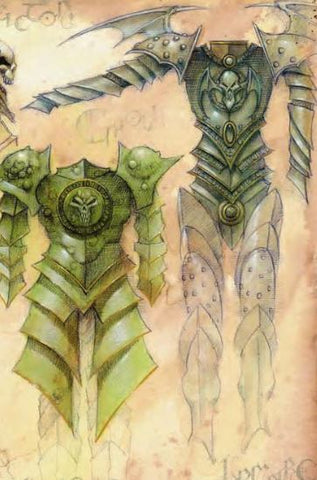 An illustration of 2 sets of armor. Both have spikes and are decorated with skulls, one with wings around the head