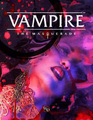 The cover of the most recent edition of Vampire the Masquerade. The title is readable above the image of a womans face surrounded by purple and red petals, as though she is bleeding. 
