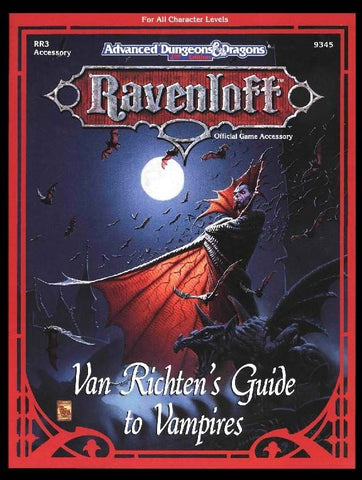 The cover of the DnD book Van Richten's Guide to Vampires. It depicts a traditional looking vampires standing in front of a full moon, with the title below in a spider-like font. 