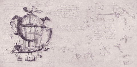 An illustration of a flying dirigible, made to look like an oldschool zeppelin, with a chicken on top. There are several scribbled notes to the side of the sketch