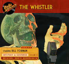 A promotional image for The Whistler. Is shows a skull headed person talking into an old fashioned microphone