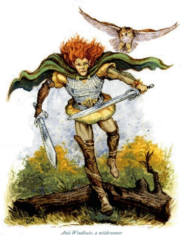 An illustration of an elf with red hair, wearing light armor and a green cape, running forward over grassy terrain. A bird of prey flies after them