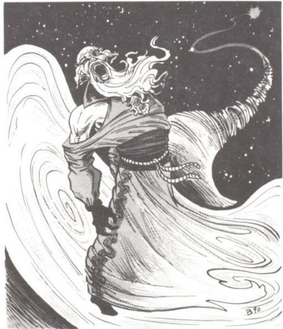 A black and white illustration of a wizshade, a spectral wizard with a long beard and torn robes, against a starry background