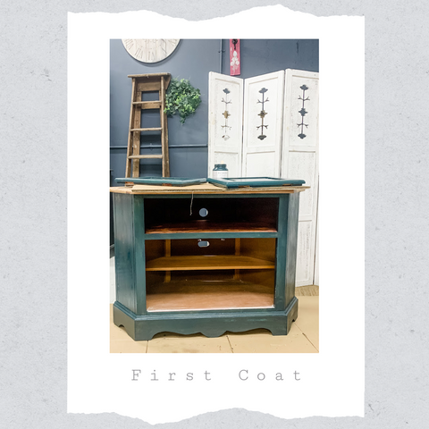 pine tv cabinet after one coat of Fusion Mineral paint chestler, it has a similar style to one form Neptunes Henley range.