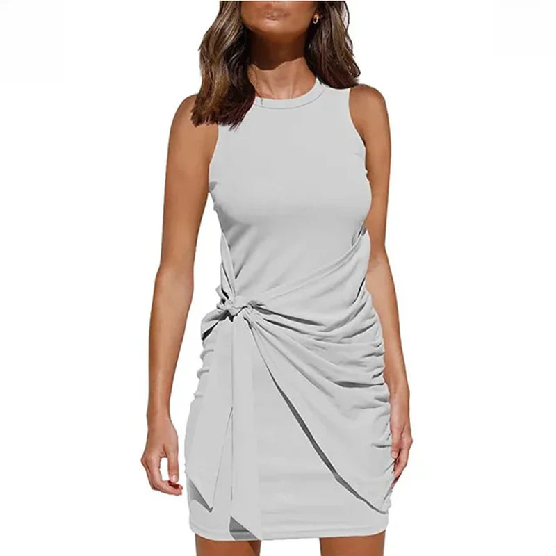 Popular Sleepless Round Neck Pleated Bow Belt Irregular Dress for Women