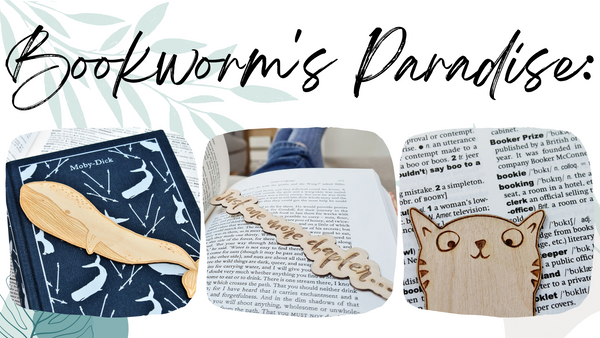 text reads: bookworms paradise, and has 3 images of wooden engraved bookmarks 
