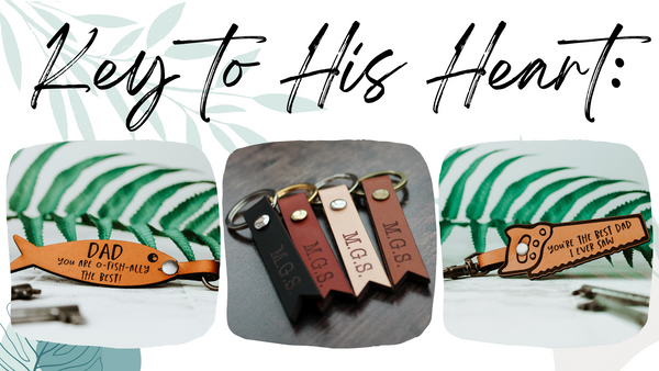 Text reads key to his heart and has 3 images of personalised leather keyrings for dads