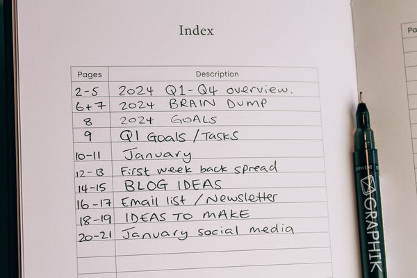 image showing the index page of a bullet journal for business